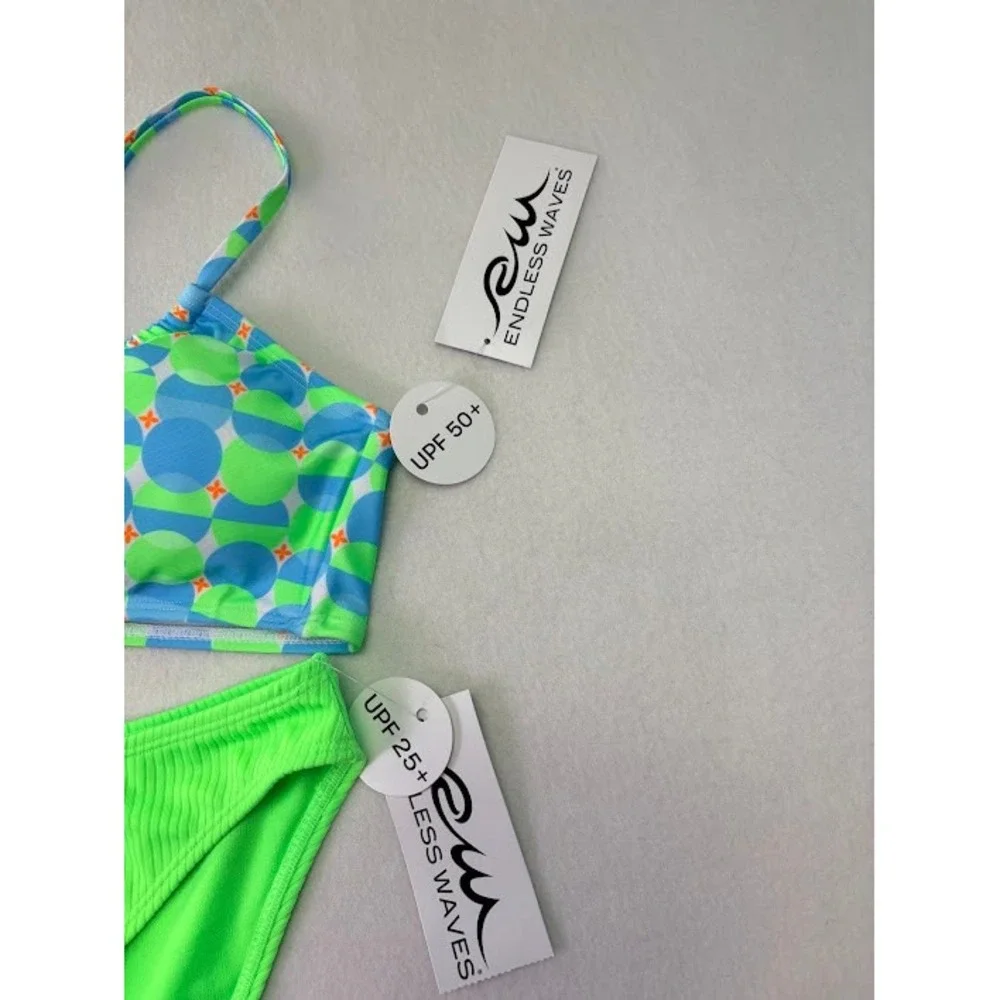 Endless Waves Bikini Set Womens M/L Neon Green Blue Geometric NWT UPF 50+ Ribbed
